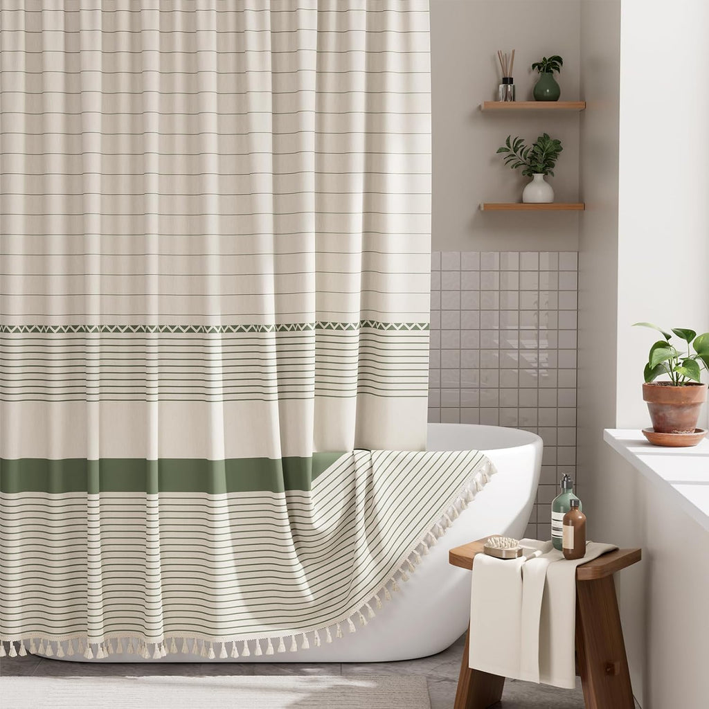 AmazerBath Boho Shower Curtain – Spa Like Bathroom Retreat for Calming Bath Time, Faux Linen Green Striped Curtain 72x72 with Hooks