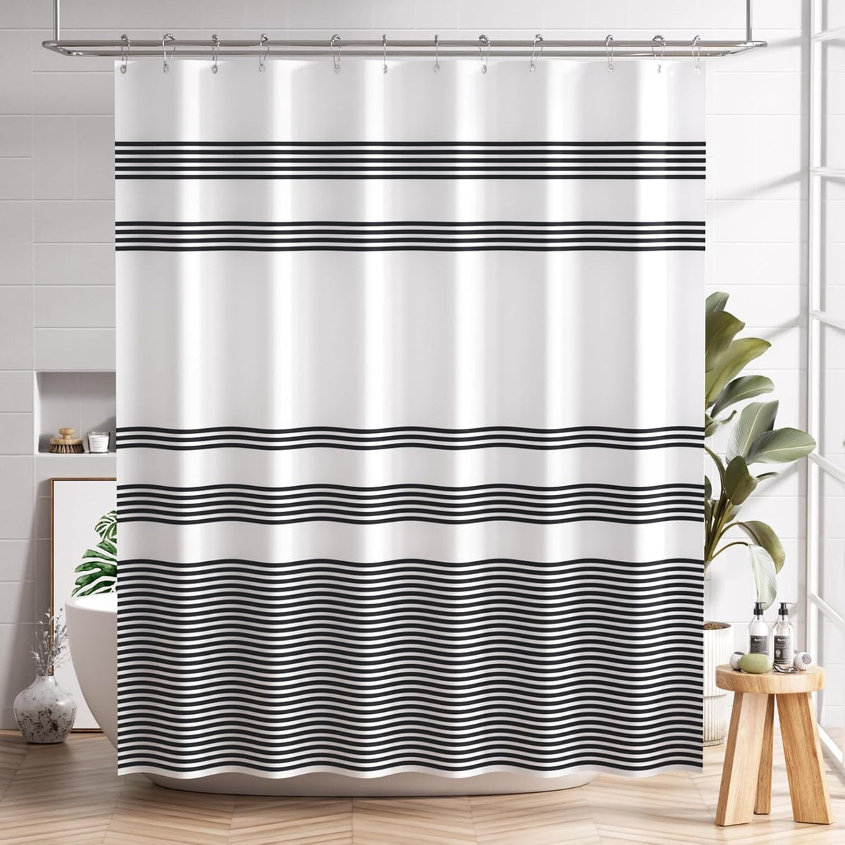 AmazerBath Farmhouse Striped Shower Curtain Set with 12 Hooks – Cozy Bathroom Decor for Living Room Inspired Retreats