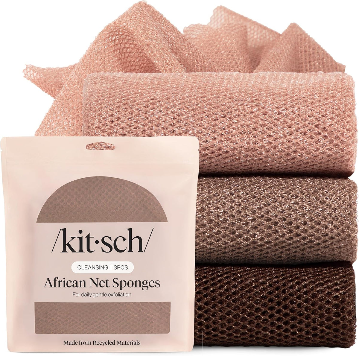 Kitsch African Net Sponge – Clean-Lined Shower Essential for Minimalist Bathrooms, Neutral-Toned Exfoliating Sponge Set