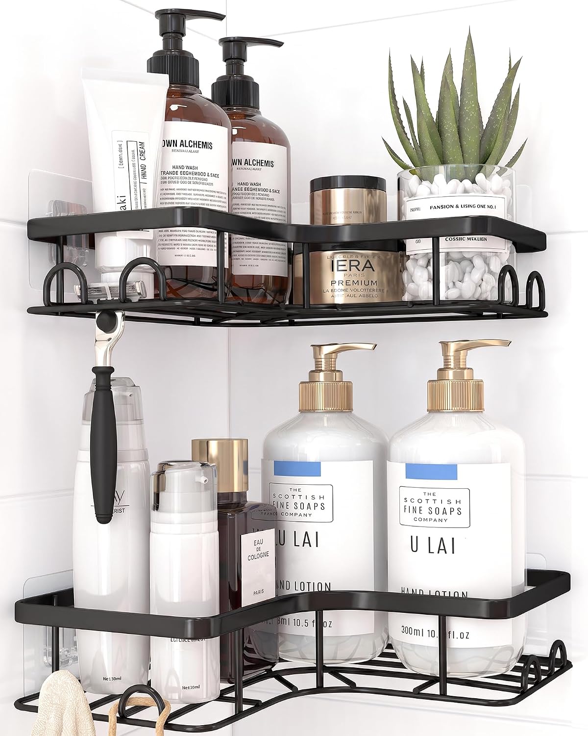 Sakugi No-Drill Corner Shower Caddy Black – Holiday Gift for Renters and College Students, Removable Stainless Steel Bathroom Shelf Set