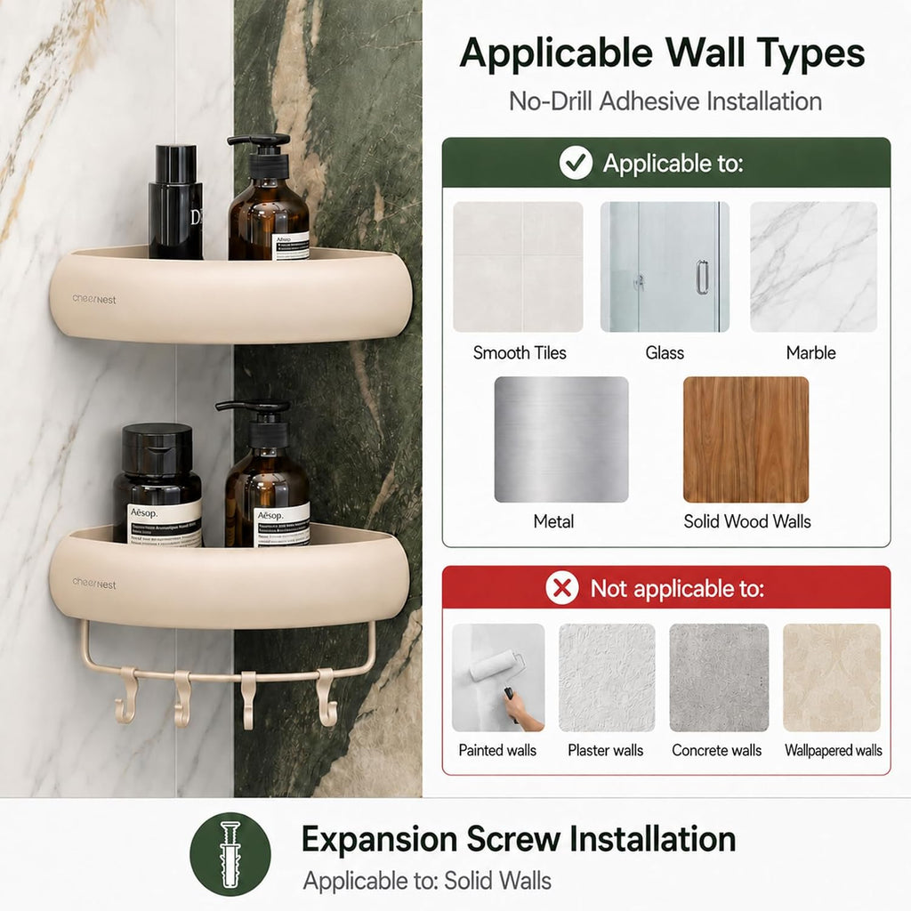 No-Damage Corner Shower Caddy 2 Pack Adhesive, Wall-Mounted Organizer | Drill-Free Storage for Landlord-Approved Bathrooms