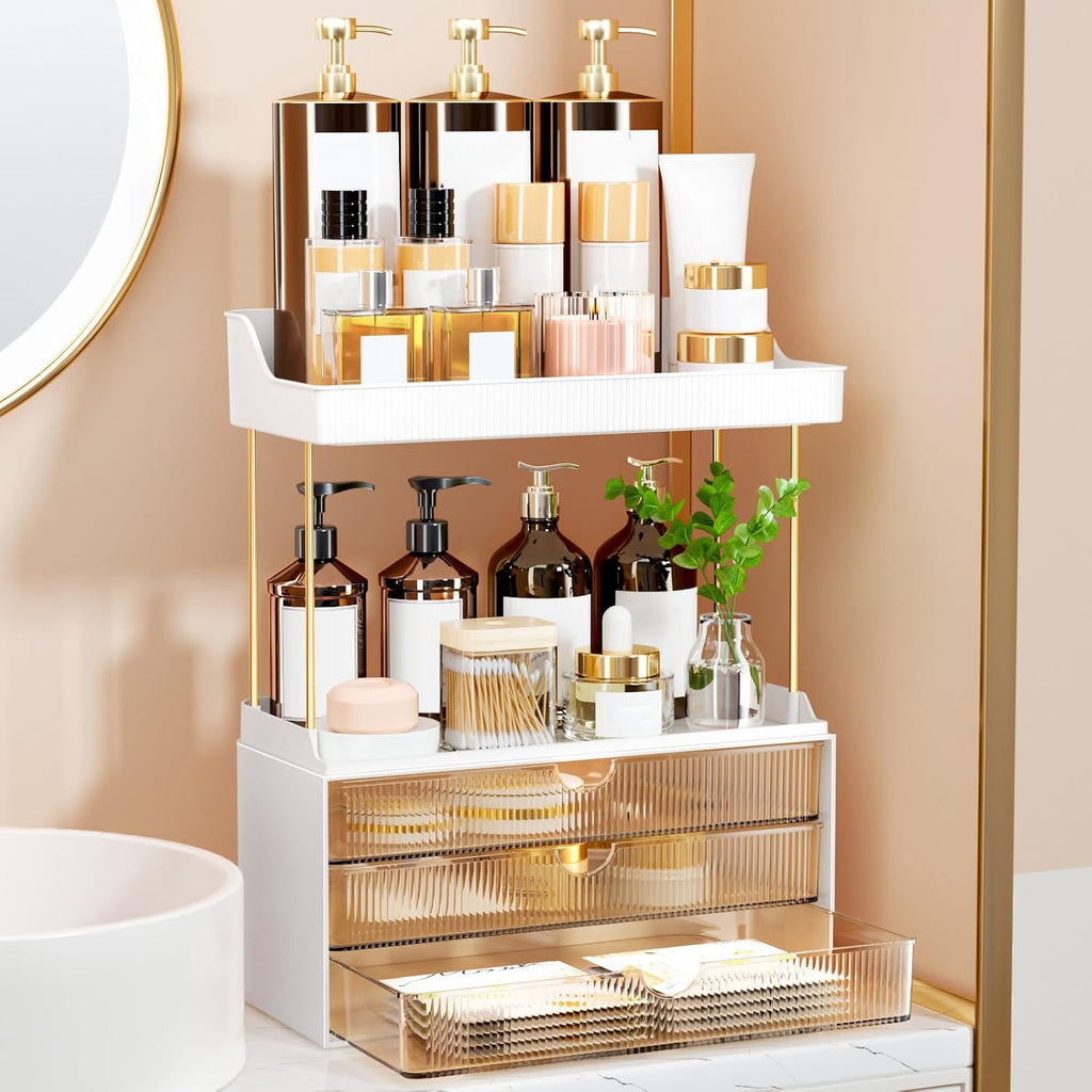 StorBin Gray Makeup Drawer Tower – Decorative Bathroom Counter Organizer Matching Modern Home Interiors