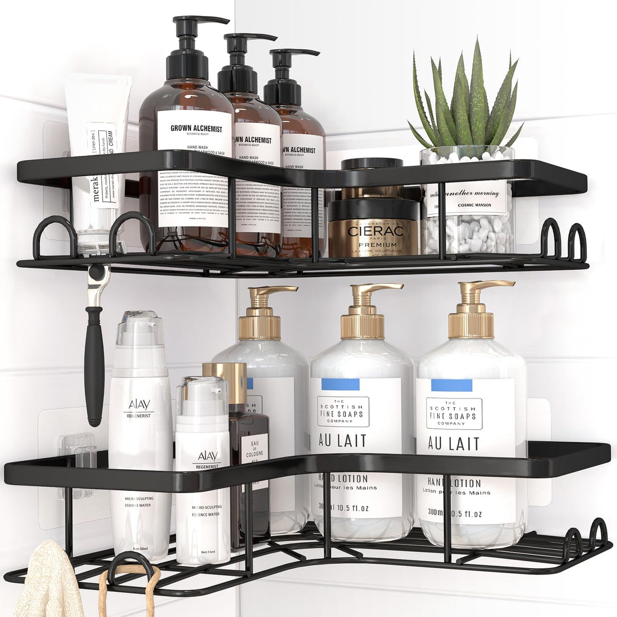 Sakugi No-Drill Corner Shower Caddy Black – Holiday Gift for Renters and College Students, Removable Stainless Steel Bathroom Shelf Set