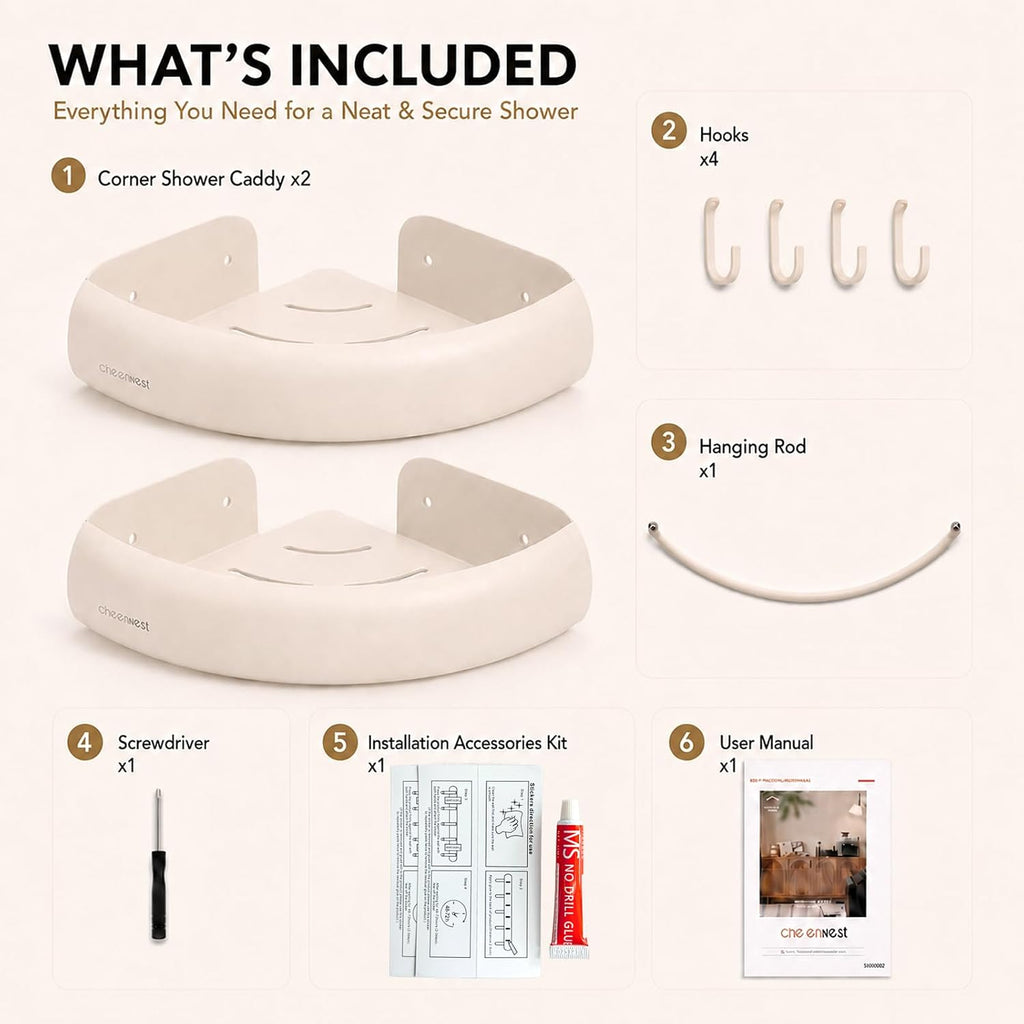 No-Damage Corner Shower Caddy 2 Pack Adhesive, Wall-Mounted Organizer | Drill-Free Storage for Landlord-Approved Bathrooms