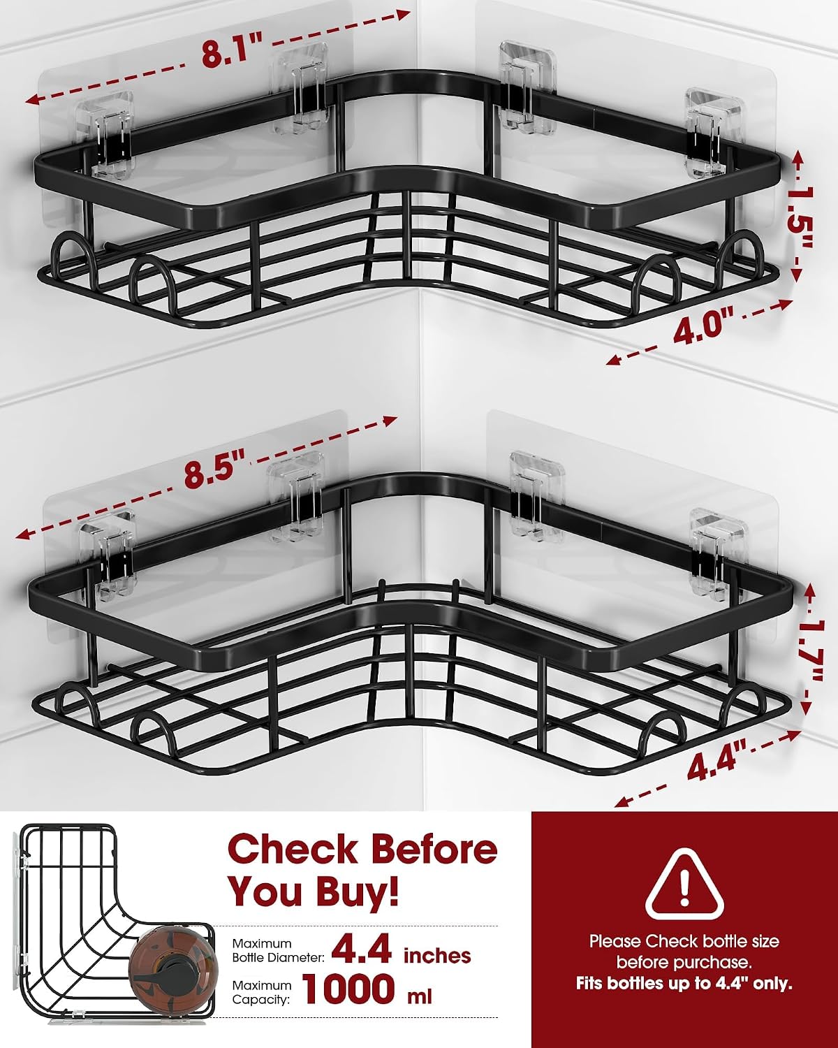 Sakugi No-Drill Corner Shower Caddy Black – Holiday Gift for Renters and College Students, Removable Stainless Steel Bathroom Shelf Set
