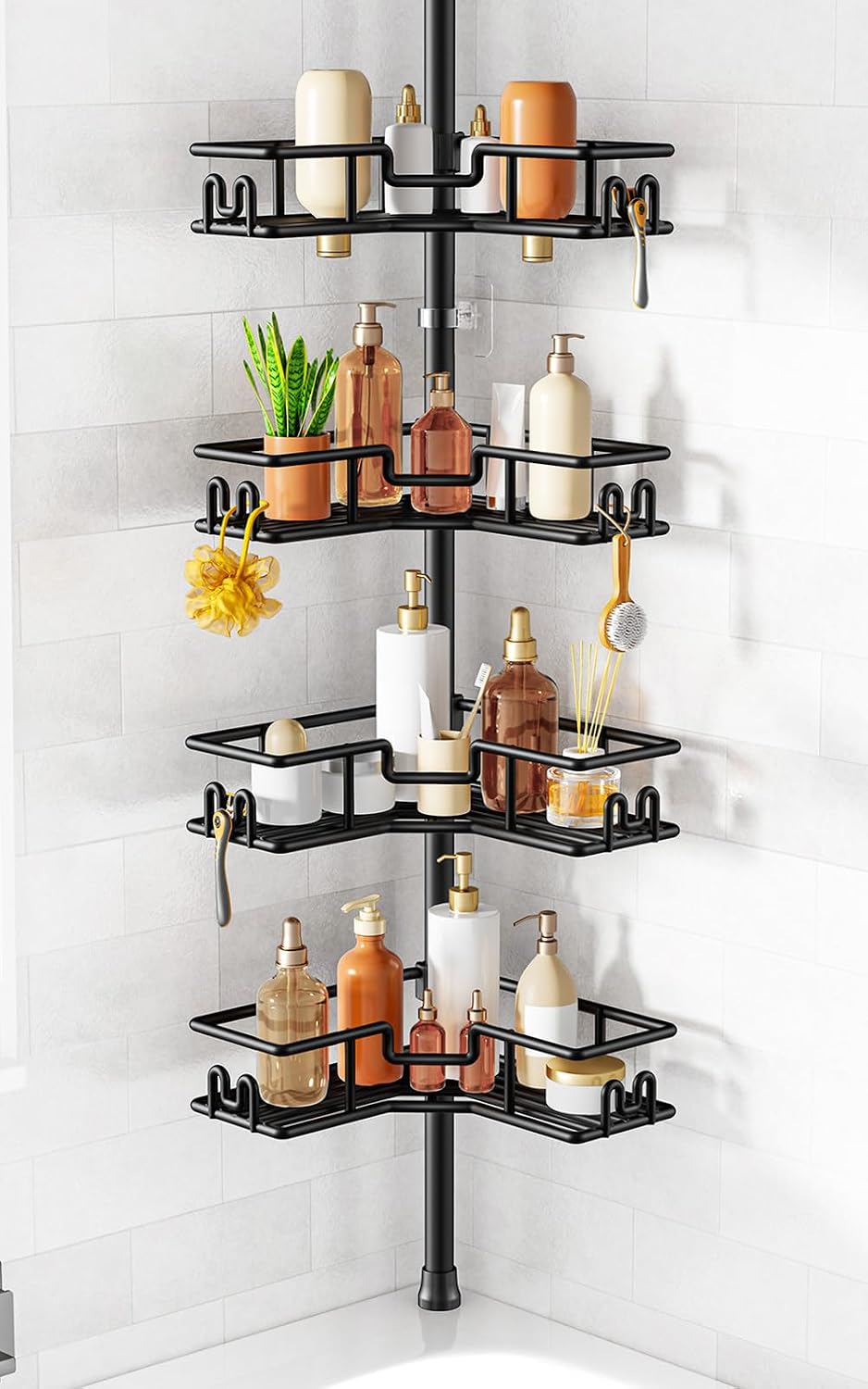 HAMITOR 4-Tier Corner Shower Caddy – Neutral Khaki Finish for Intentional, Calming Bathrooms