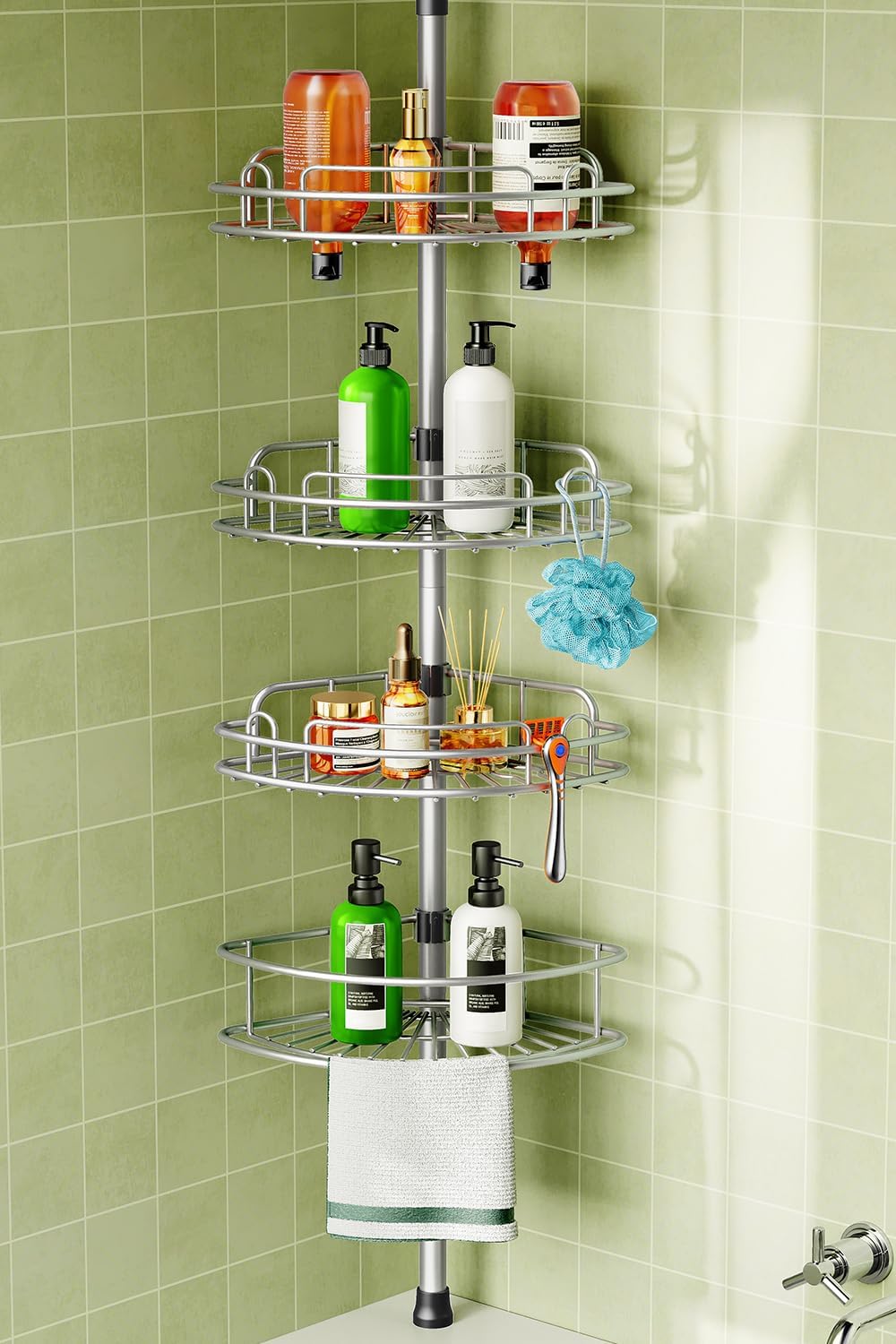 HAMITOR Tension Pole Corner Shelf – Stable 4-Tier Bathroom Organizer with Non-Tipping Base Under 20–22 lb Loads