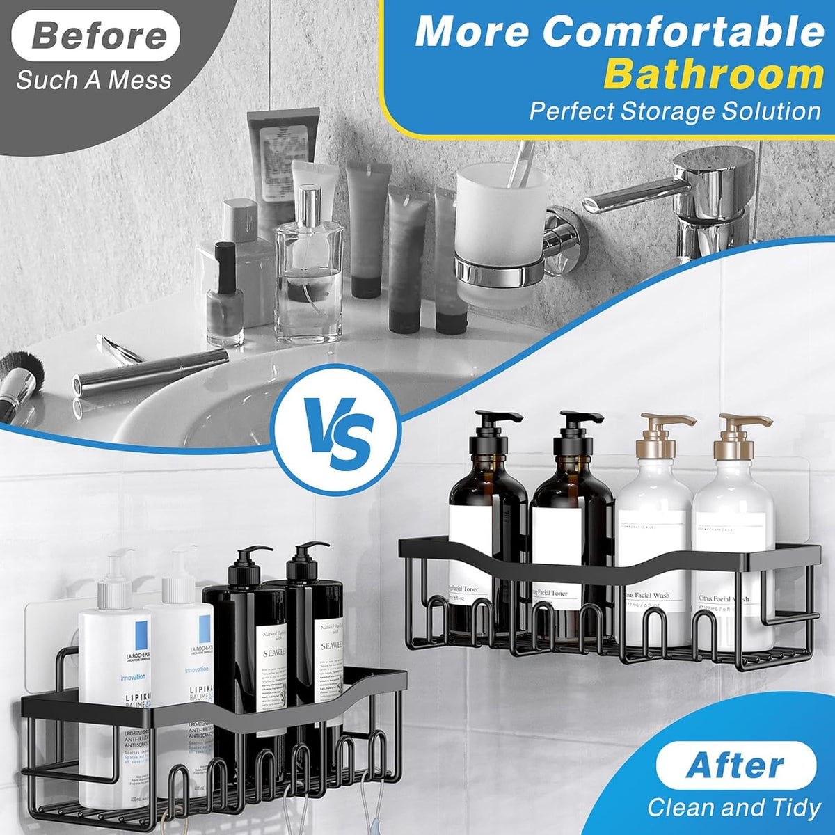 EUDELE Adhesive Shower Caddy — Minimalist Bathroom Storage Set, Clean Lines, No-Drill Stainless Steel