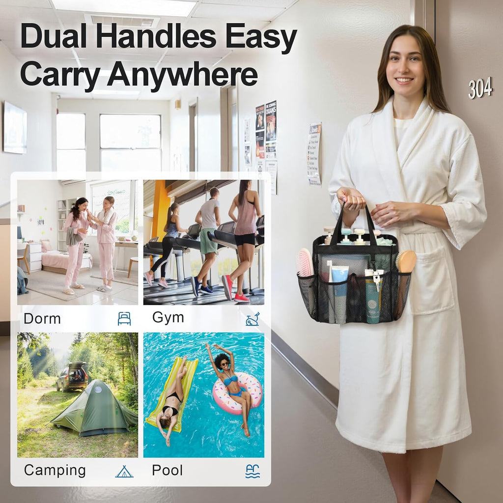 Mesh Shower Caddy Portable - Effortless Less-Is-More Bathroom Carry, Collapsible Mesh Tote in Black