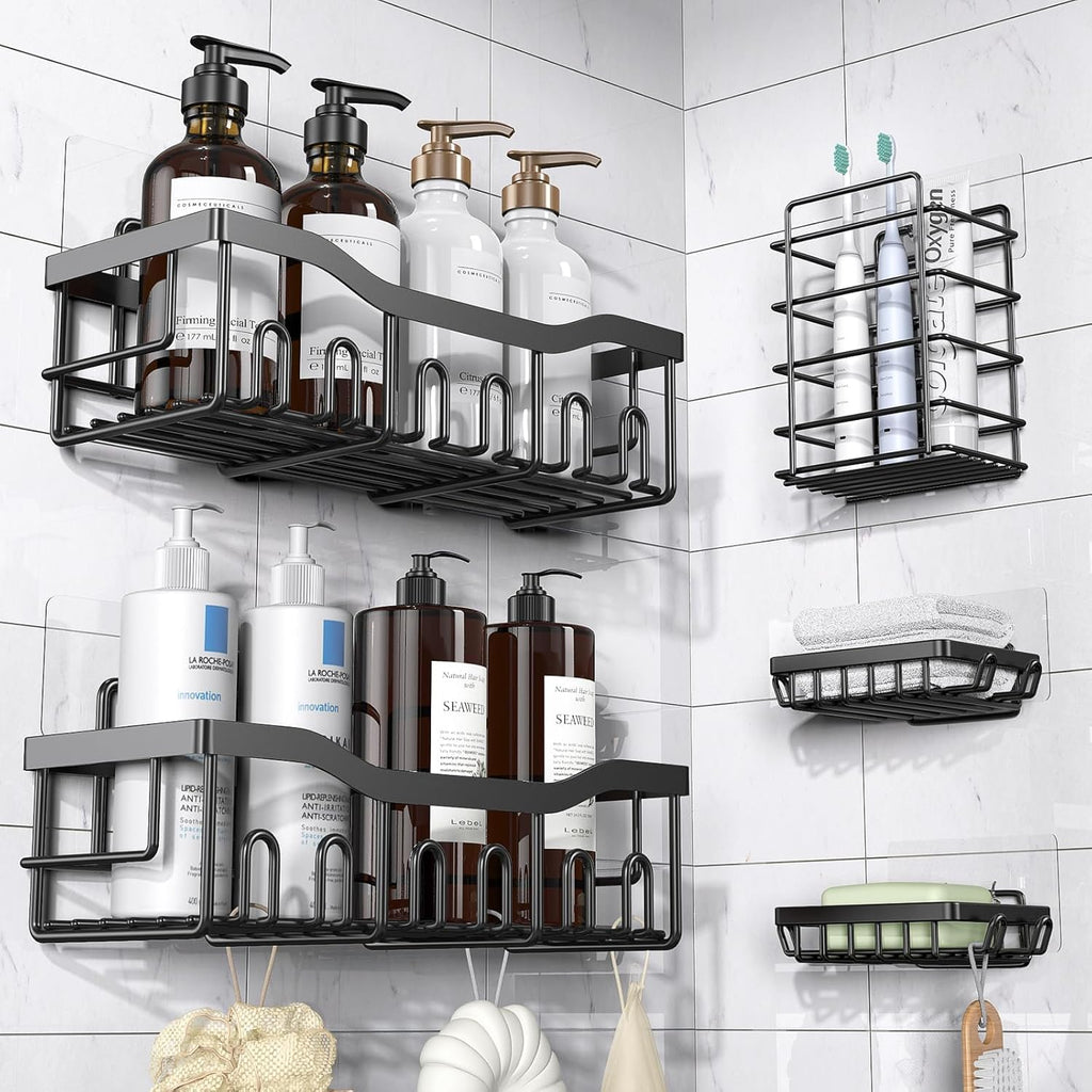 EUDELE Adhesive Shower Caddy — Minimalist Bathroom Storage Set, Clean Lines, No-Drill Stainless Steel
