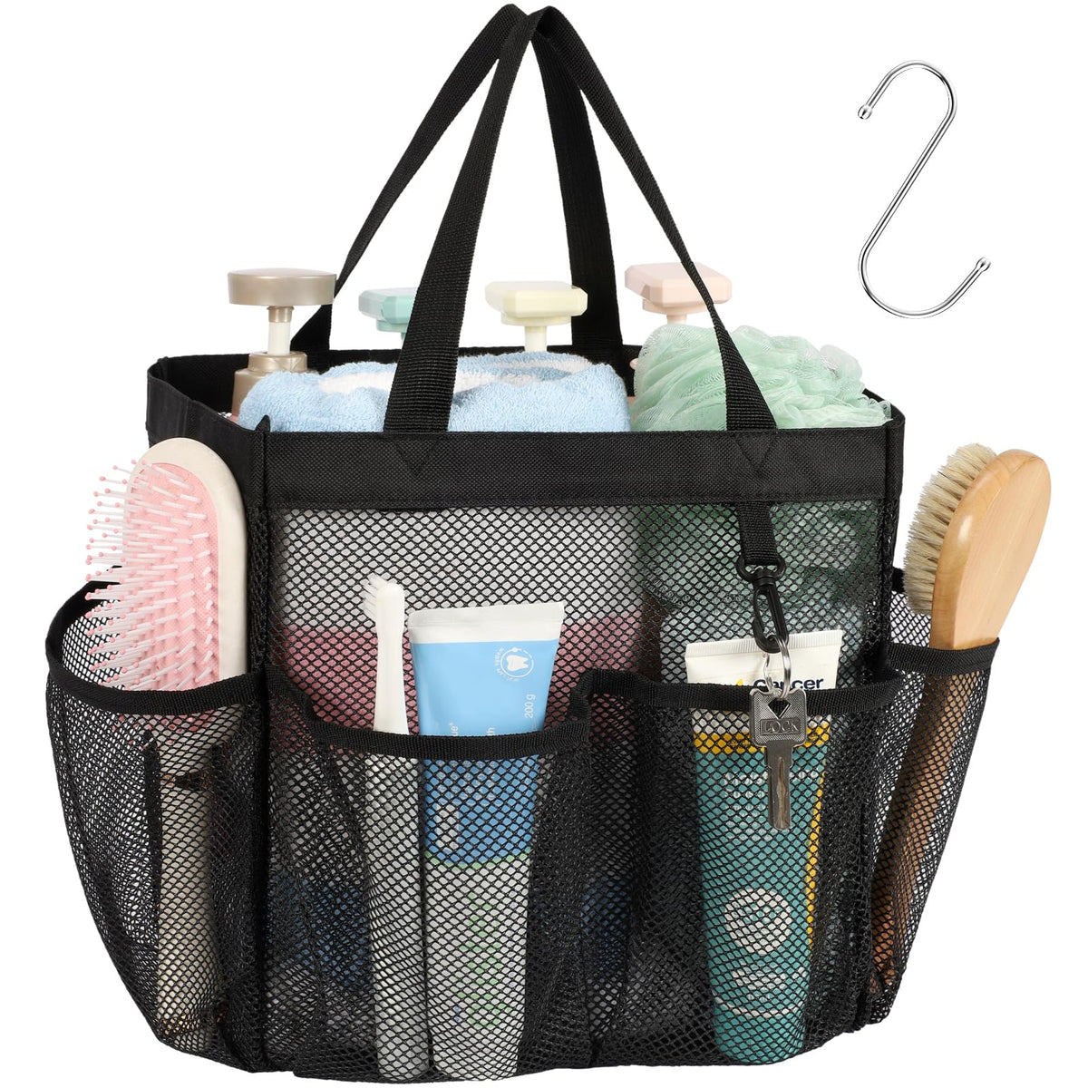 Mesh Shower Caddy Portable - Effortless Less-Is-More Bathroom Carry, Collapsible Mesh Tote in Black