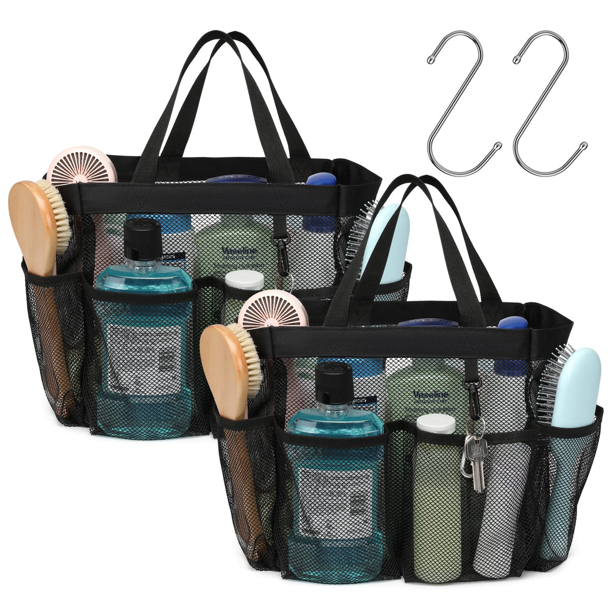 Mesh Shower Caddy Portable - Effortless Less-Is-More Bathroom Carry, Collapsible Mesh Tote in Black