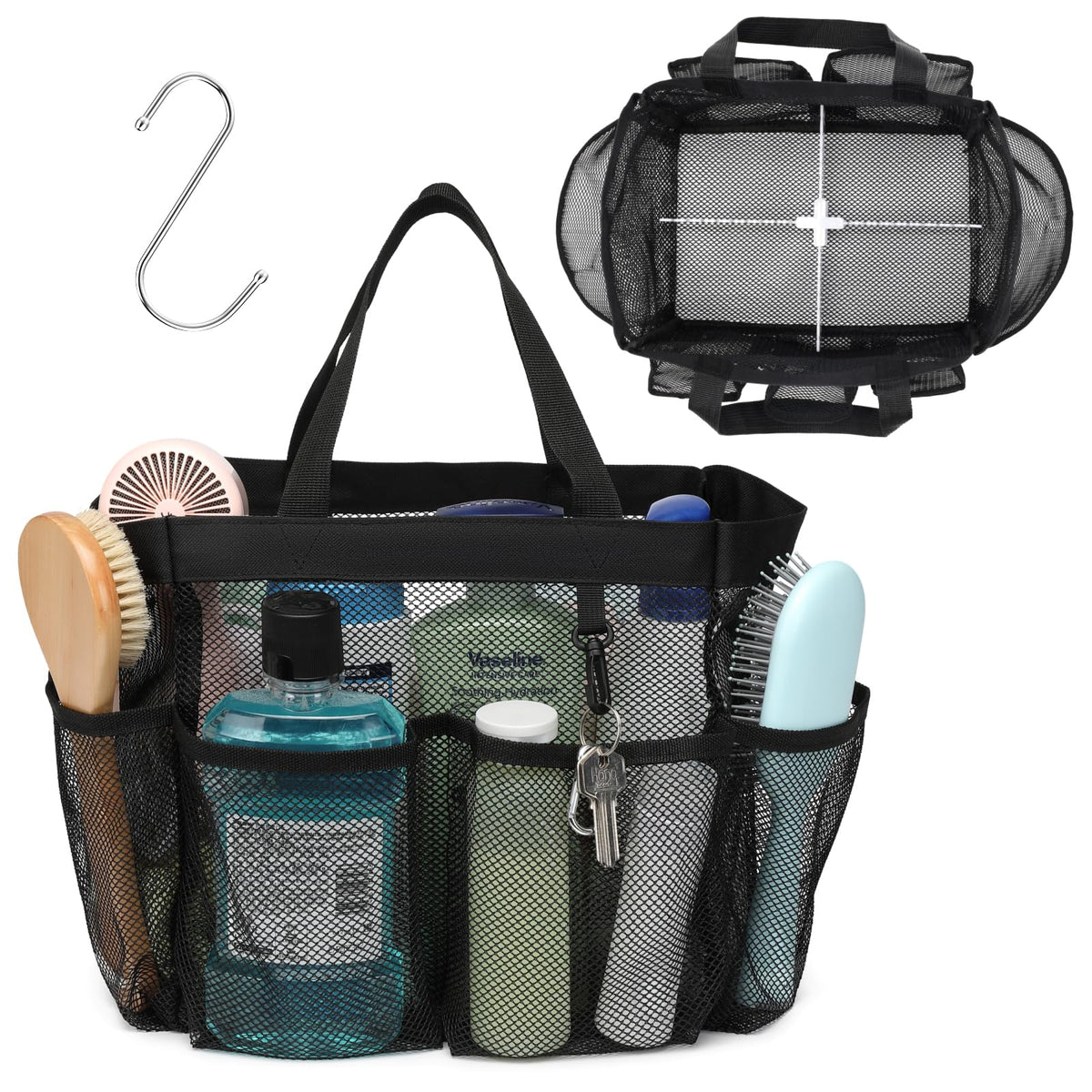 Mesh Shower Caddy Portable - Effortless Less-Is-More Bathroom Carry, Collapsible Mesh Tote in Black