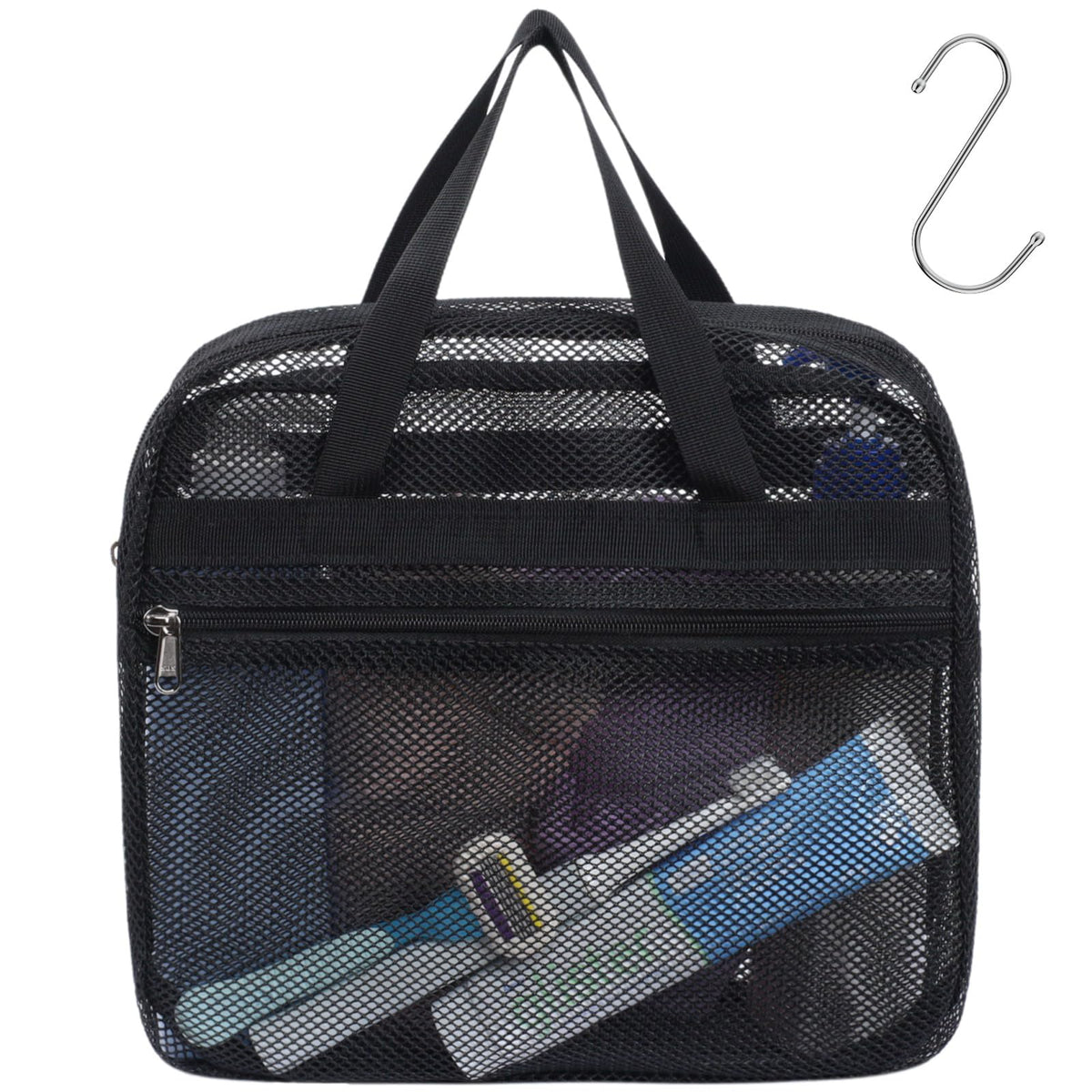Mesh Shower Caddy Portable - Effortless Less-Is-More Bathroom Carry, Collapsible Mesh Tote in Black