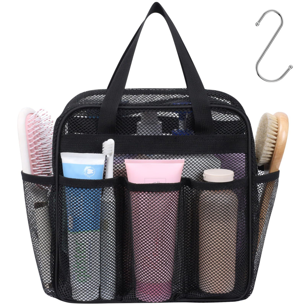 Mesh Shower Caddy Portable - Effortless Less-Is-More Bathroom Carry, Collapsible Mesh Tote in Black