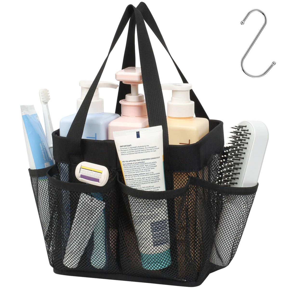 Mesh Shower Caddy Portable - Effortless Less-Is-More Bathroom Carry, Collapsible Mesh Tote in Black