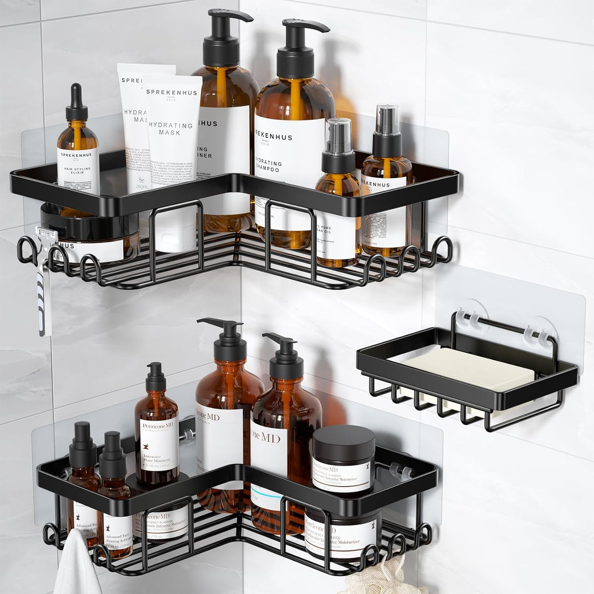 YASONIC Corner Bathroom Organizer – Calming Bath Space Storage with 12 Hooks, Adhesive Stainless Steel Caddy for Mindful Shower Routine