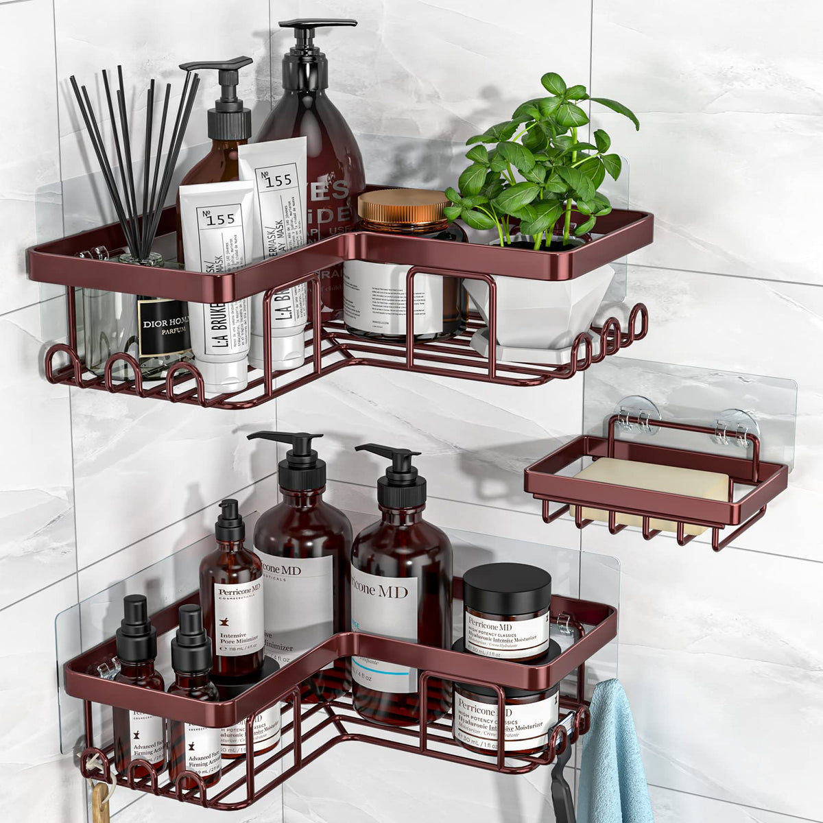 YASONIC Corner Bathroom Organizer – Calming Bath Space Storage with 12 Hooks, Adhesive Stainless Steel Caddy for Mindful Shower Routine