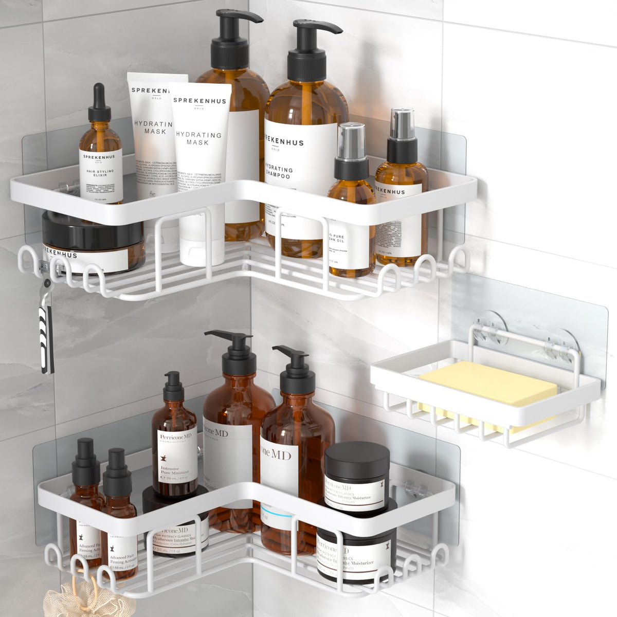 YASONIC Corner Bathroom Organizer – Calming Bath Space Storage with 12 Hooks, Adhesive Stainless Steel Caddy for Mindful Shower Routine