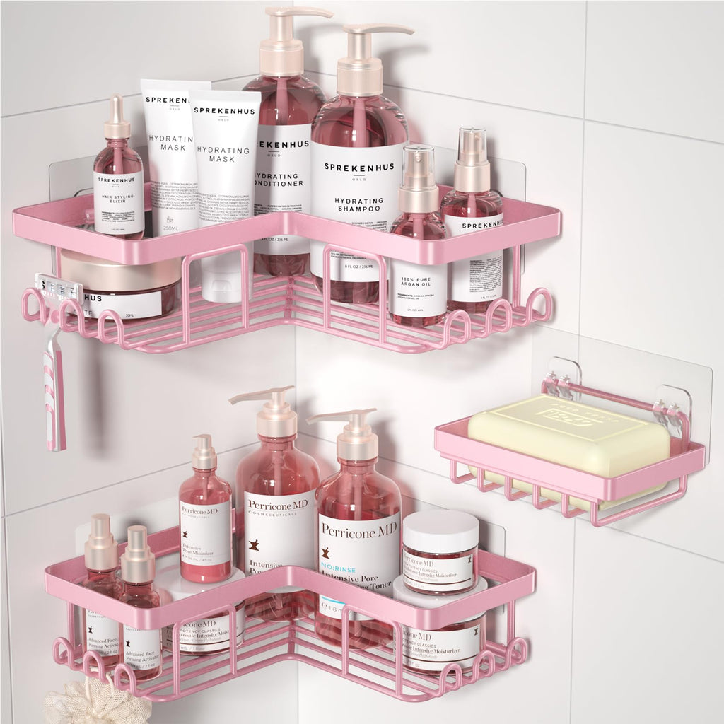 YASONIC Corner Bathroom Organizer – Calming Bath Space Storage with 12 Hooks, Adhesive Stainless Steel Caddy for Mindful Shower Routine