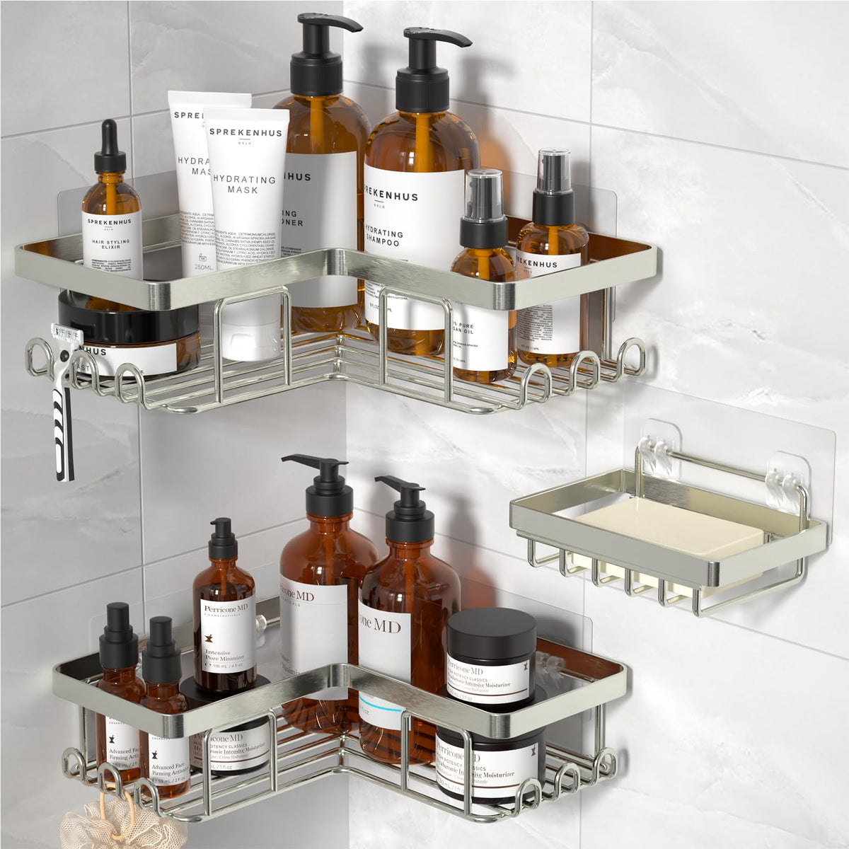 YASONIC Corner Bathroom Organizer – Calming Bath Space Storage with 12 Hooks, Adhesive Stainless Steel Caddy for Mindful Shower Routine
