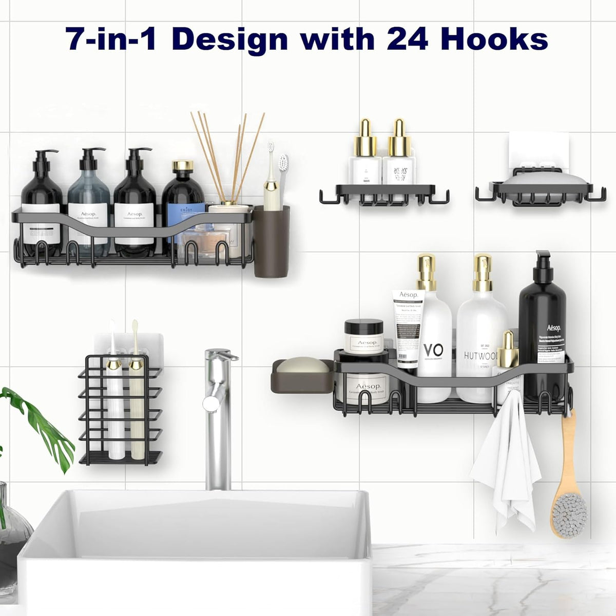 NESOMI 7-Pack Shower Caddy Adhesive – Thoughtful Holiday Gift for Mom with Coordinated 8-Piece Bathroom Set