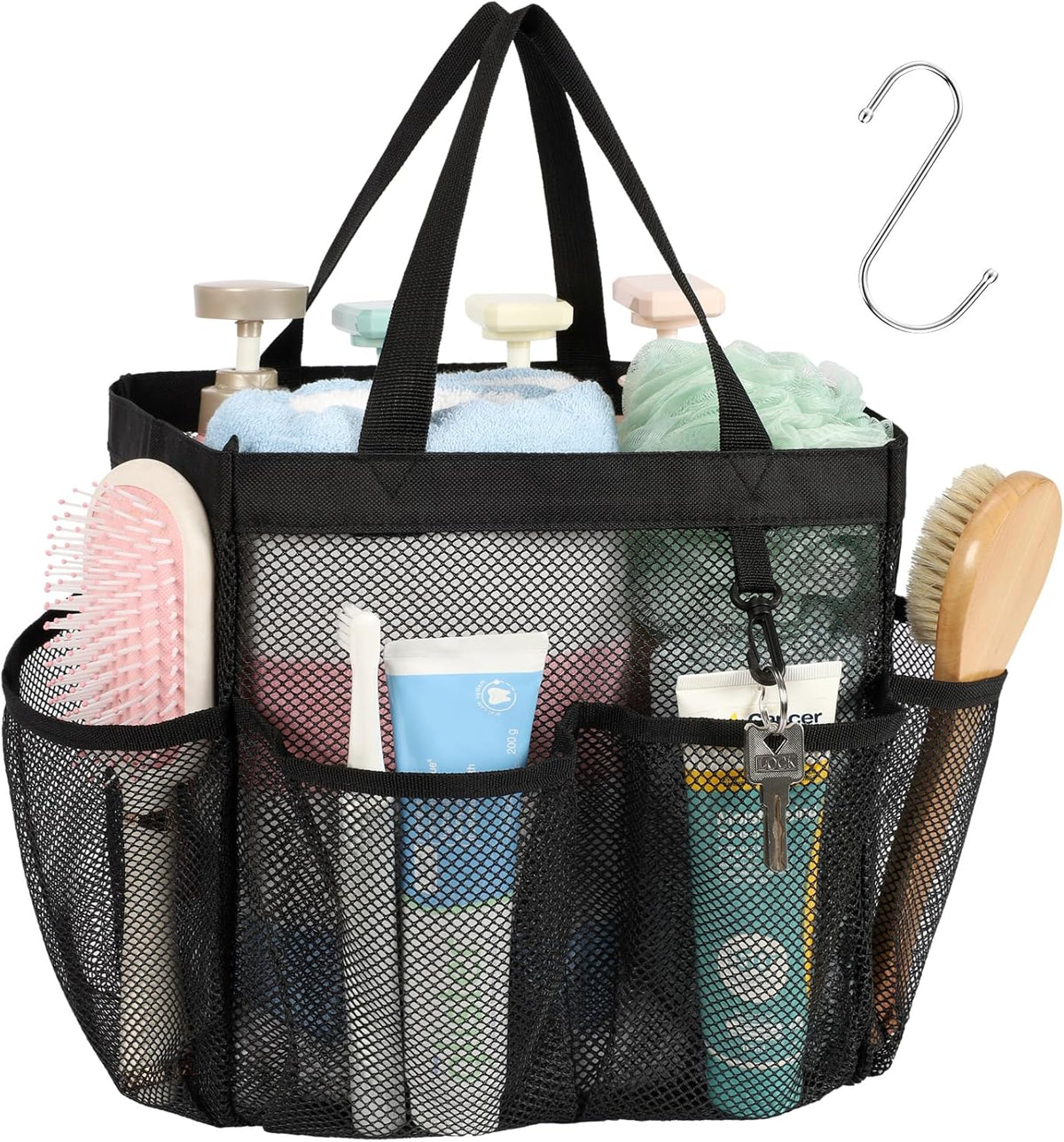Mesh Shower Caddy Portable - Effortless Less-Is-More Bathroom Carry, Collapsible Mesh Tote in Black