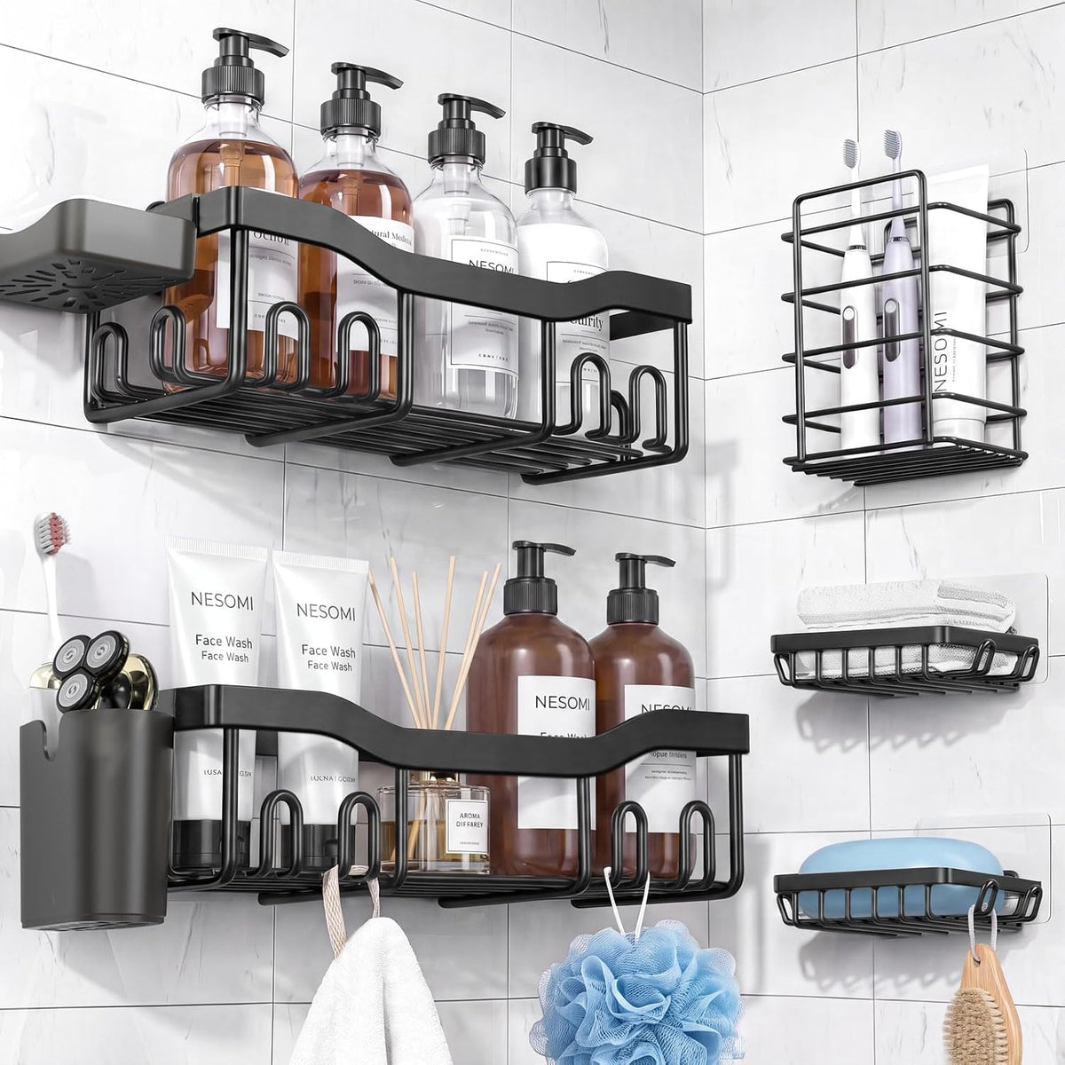 NESOMI 7-Pack Shower Caddy Adhesive – Thoughtful Holiday Gift for Mom with Coordinated 8-Piece Bathroom Set