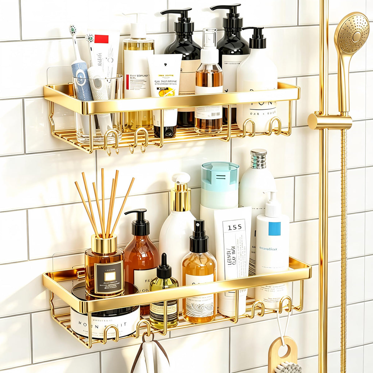 Moforoco Self-Adhesive Wall Shelf – Designer Bathroom Decor for Master Suite, Powder-Coated Rustic Organizer
