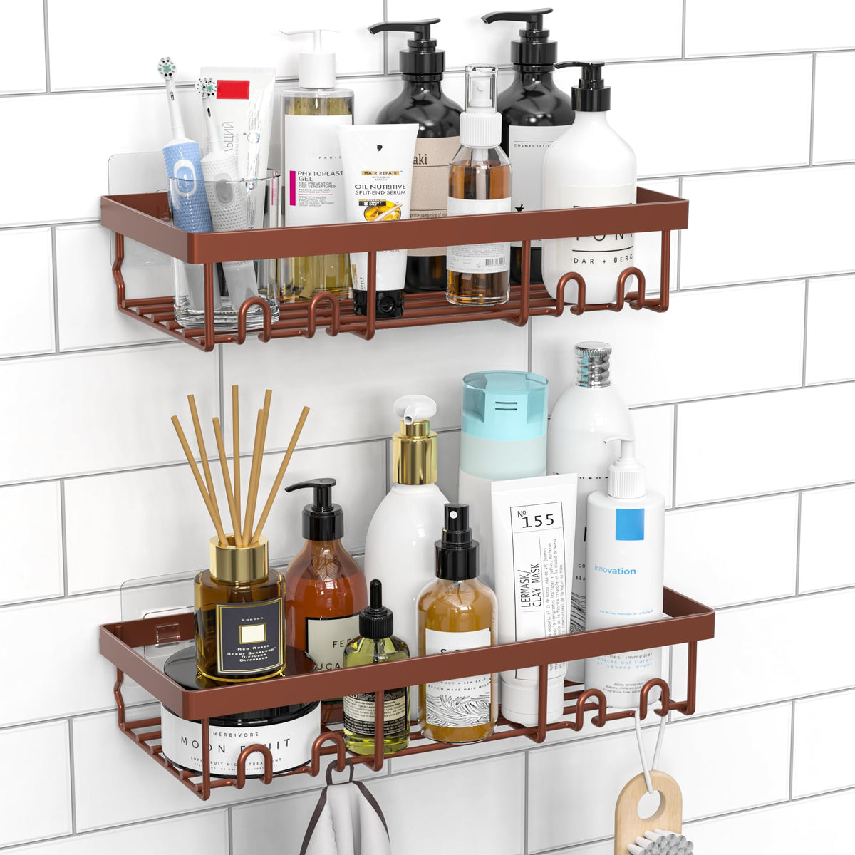 Moforoco Self-Adhesive Wall Shelf – Designer Bathroom Decor for Master Suite, Powder-Coated Rustic Organizer