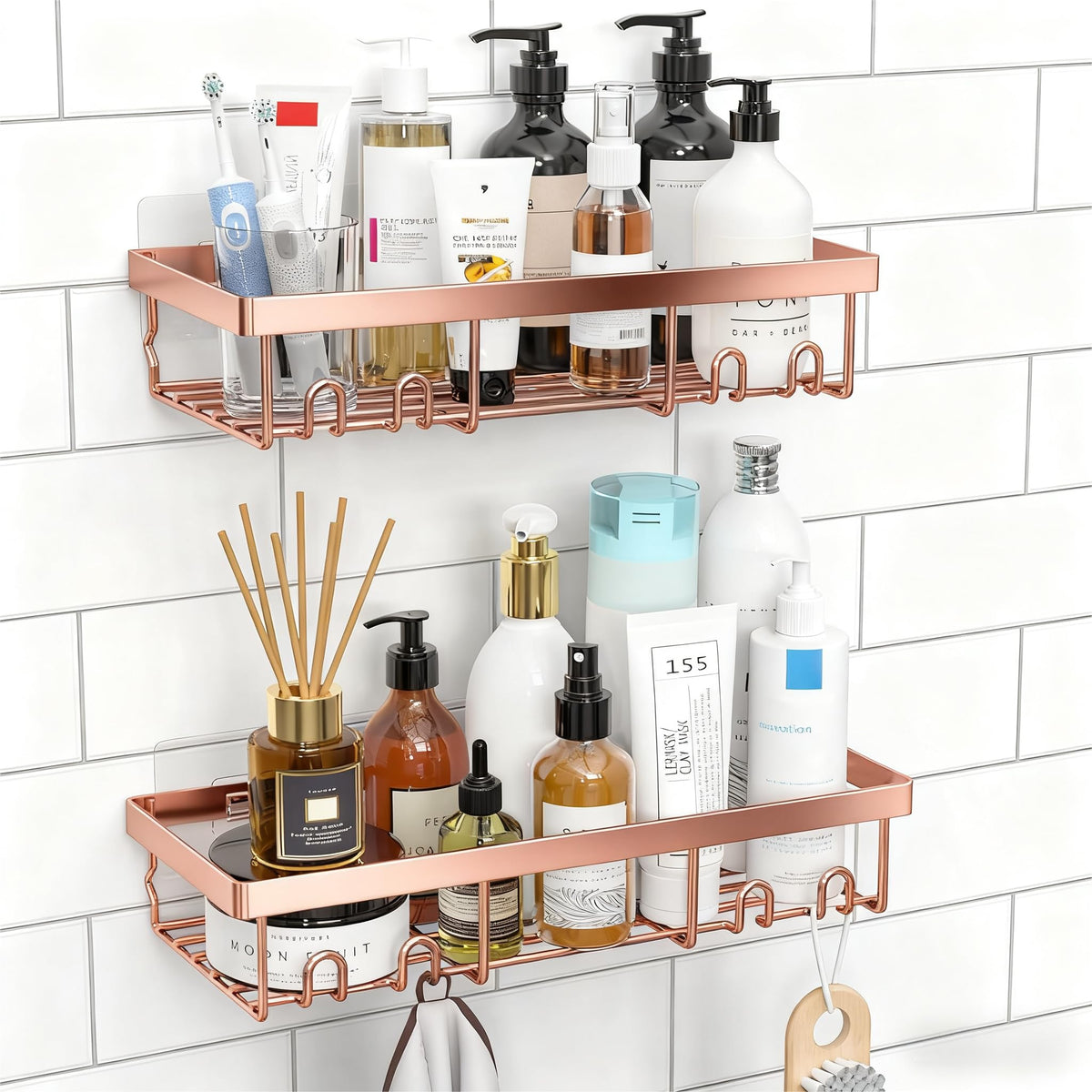 Moforoco Self-Adhesive Wall Shelf – Designer Bathroom Decor for Master Suite, Powder-Coated Rustic Organizer
