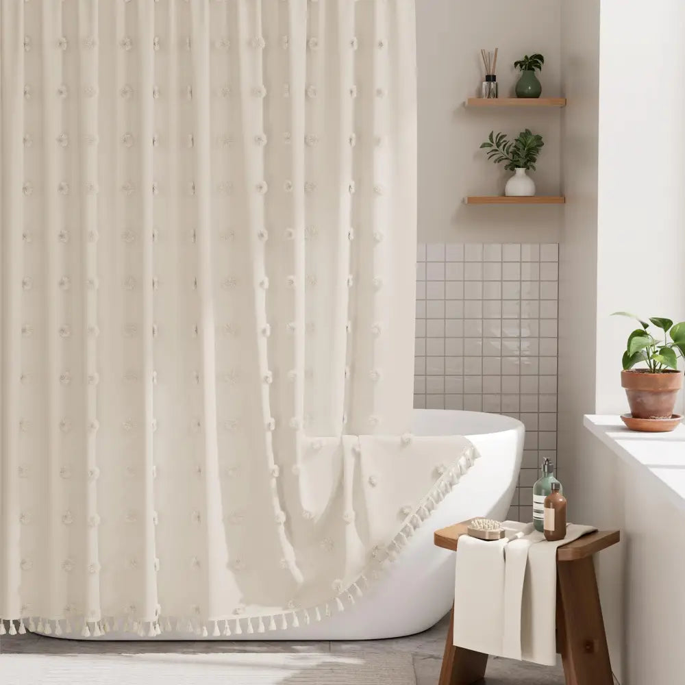 AmazerBath Boho Shower Curtain – Spa Like Bathroom Retreat for Calming Bath Time Faux Linen Green Striped Curtain 72x72
