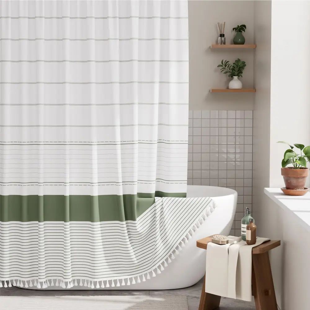 AmazerBath Boho Shower Curtain – Spa Like Bathroom Retreat for Calming Bath Time Faux Linen Green Striped Curtain 72x72