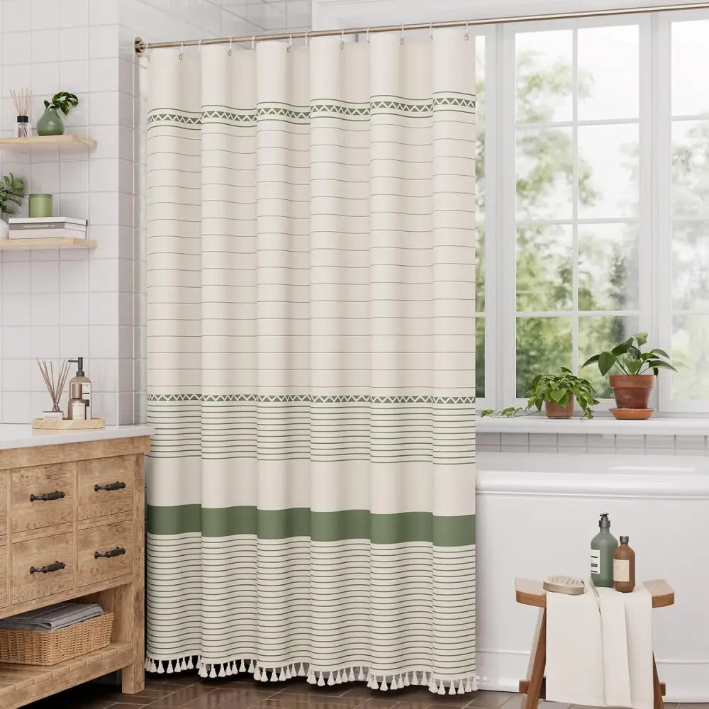 AmazerBath Boho Shower Curtain – Spa Like Bathroom Retreat for Calming Bath Time Faux Linen Green Striped Curtain 72x72