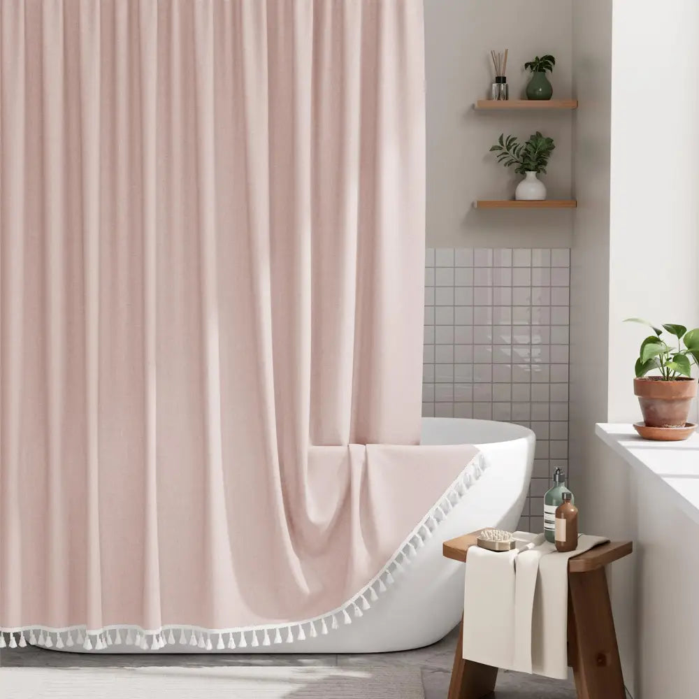 AmazerBath Boho Shower Curtain – Spa Like Bathroom Retreat for Calming Bath Time Faux Linen Green Striped Curtain 72x72
