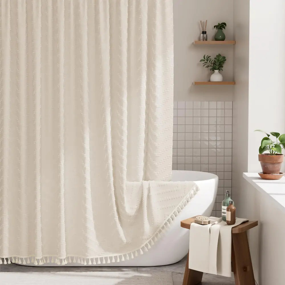 AmazerBath Boho Shower Curtain – Spa Like Bathroom Retreat for Calming Bath Time Faux Linen Green Striped Curtain 72x72