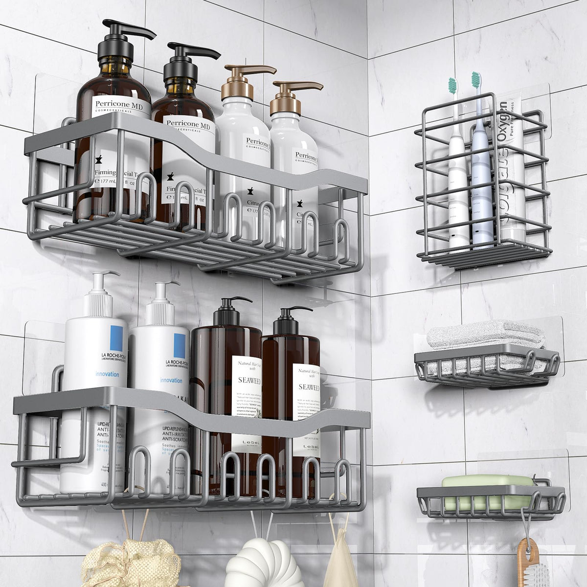 EUDELE Adhesive Shower Caddy — Minimalist Bathroom Storage Set, Clean Lines, No-Drill Stainless Steel