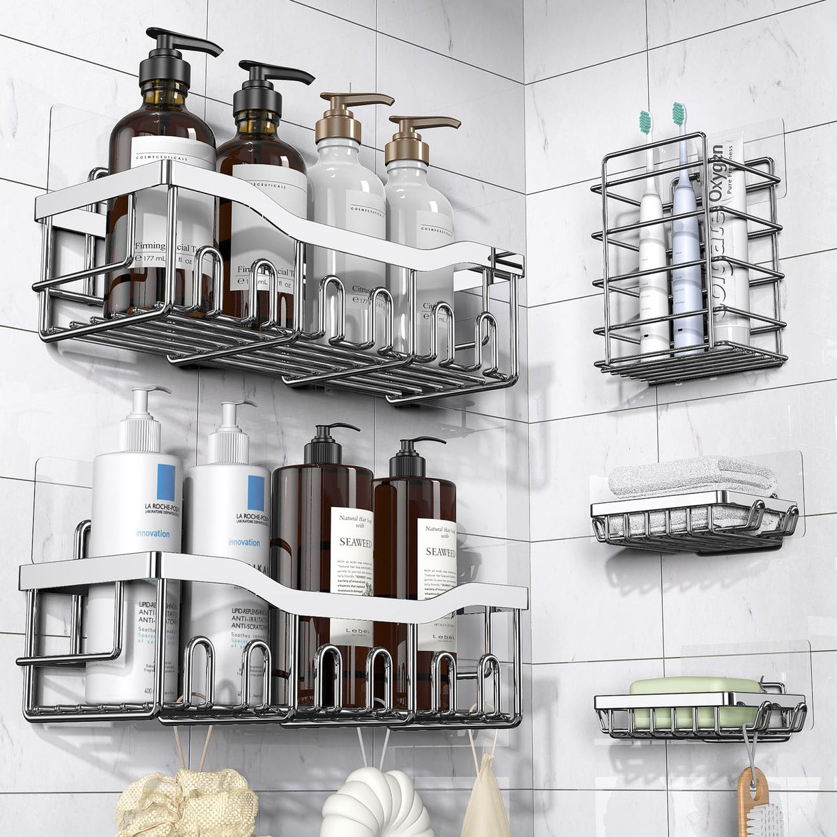EUDELE Adhesive Shower Caddy — Minimalist Bathroom Storage Set, Clean Lines, No-Drill Stainless Steel