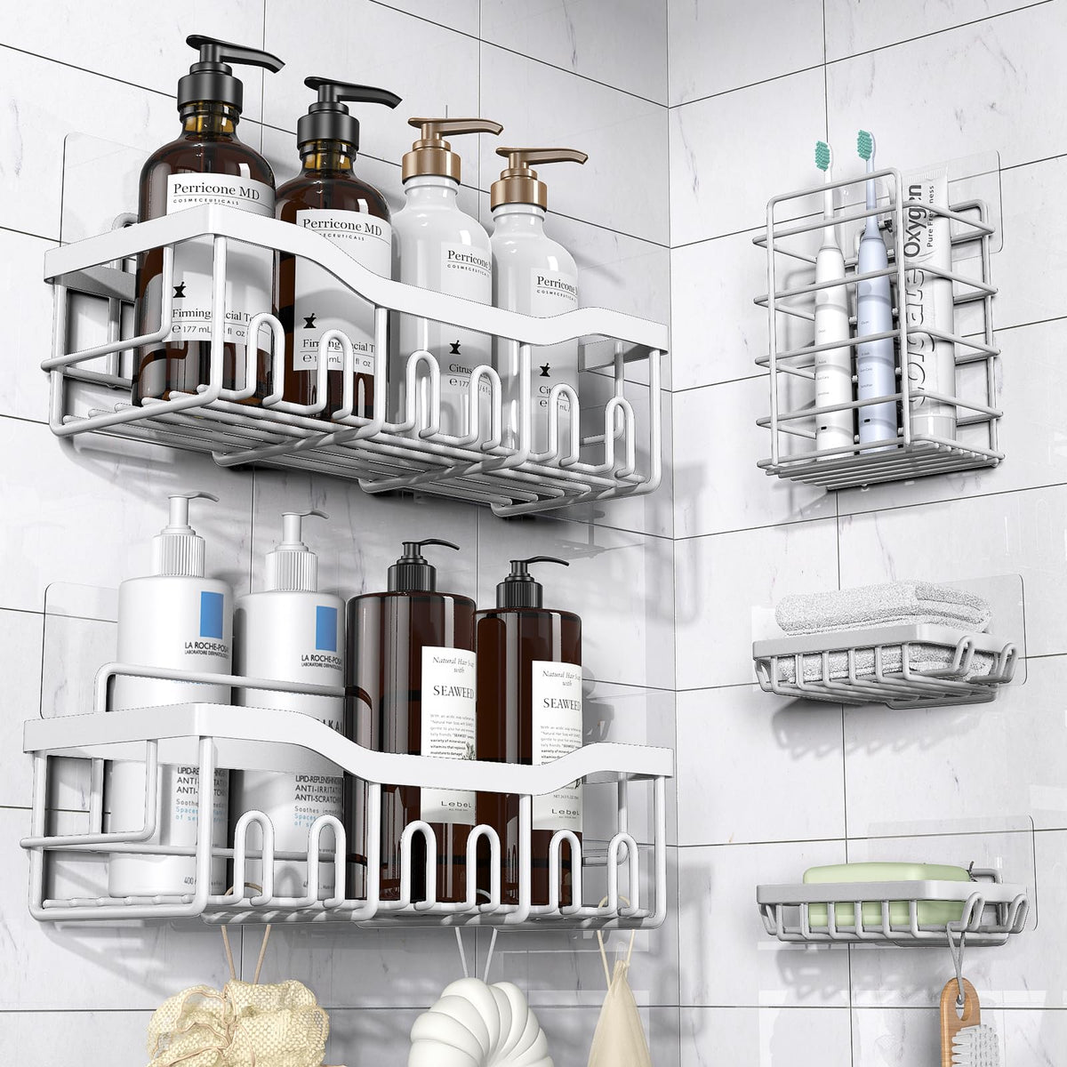 EUDELE Adhesive Shower Caddy — Minimalist Bathroom Storage Set, Clean Lines, No-Drill Stainless Steel