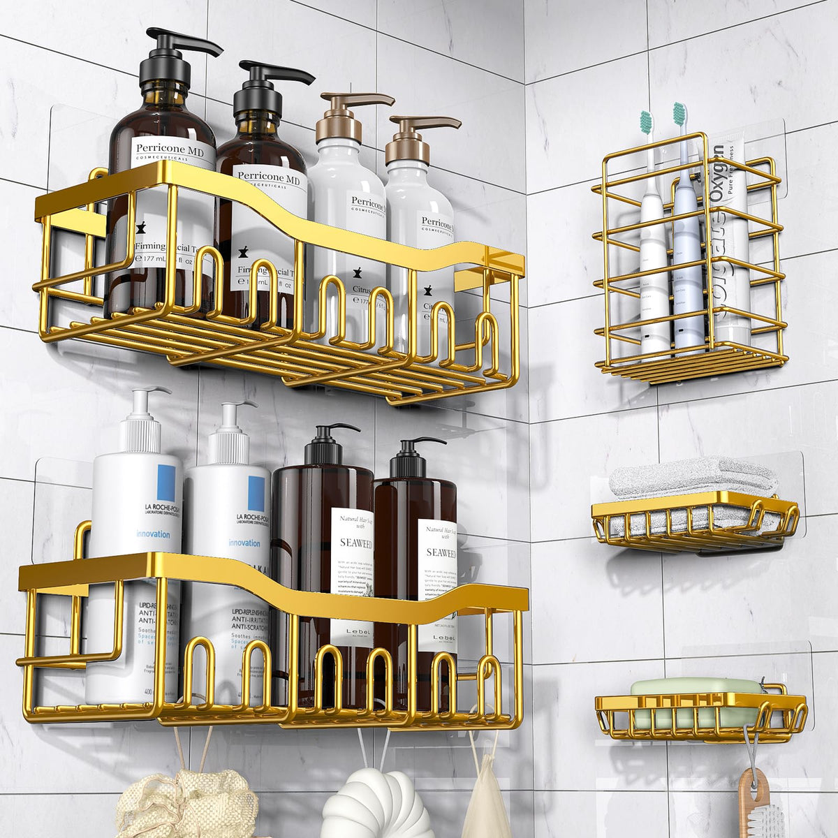 EUDELE Adhesive Shower Caddy — Minimalist Bathroom Storage Set, Clean Lines, No-Drill Stainless Steel