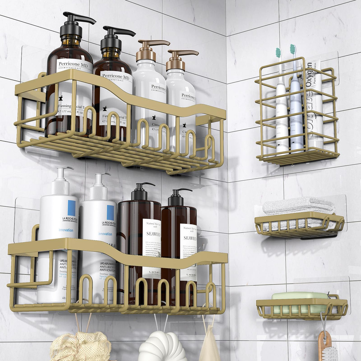 EUDELE Adhesive Shower Caddy — Minimalist Bathroom Storage Set, Clean Lines, No-Drill Stainless Steel
