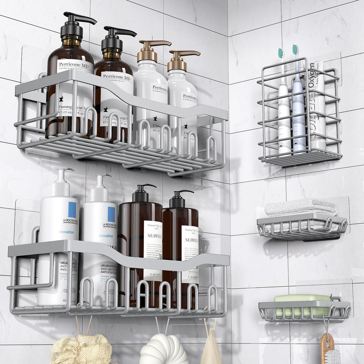 EUDELE Adhesive Shower Caddy — Minimalist Bathroom Storage Set, Clean Lines, No-Drill Stainless Steel