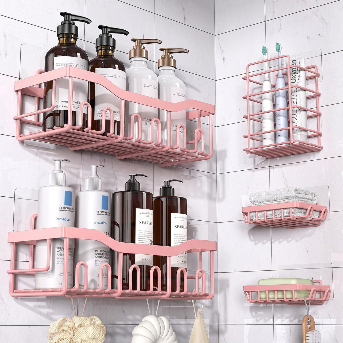 EUDELE Adhesive Shower Caddy — Minimalist Bathroom Storage Set, Clean Lines, No-Drill Stainless Steel