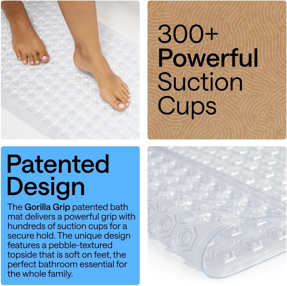 GORILLA GRIP Anti-Slip Bath Mat – Family Bathroom Tub Liner Designed for Safe Kids' Bath Time and Easy Cleaning