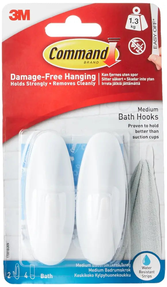 Command Designer Bath Hooks Medium White – Modern Bathroom Wall Hooks for Coordinating Towels and Robes with a Designer