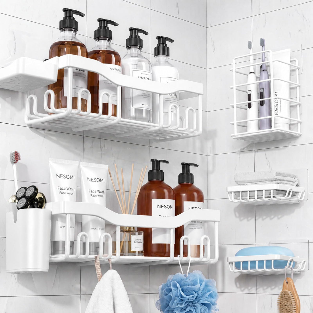 NESOMI 7-Pack Shower Caddy Adhesive – Thoughtful Holiday Gift for Mom with Coordinated 8-Piece Bathroom Set