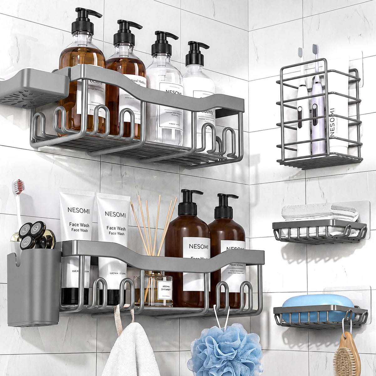 NESOMI 7-Pack Shower Caddy Adhesive – Thoughtful Holiday Gift for Mom with Coordinated 8-Piece Bathroom Set