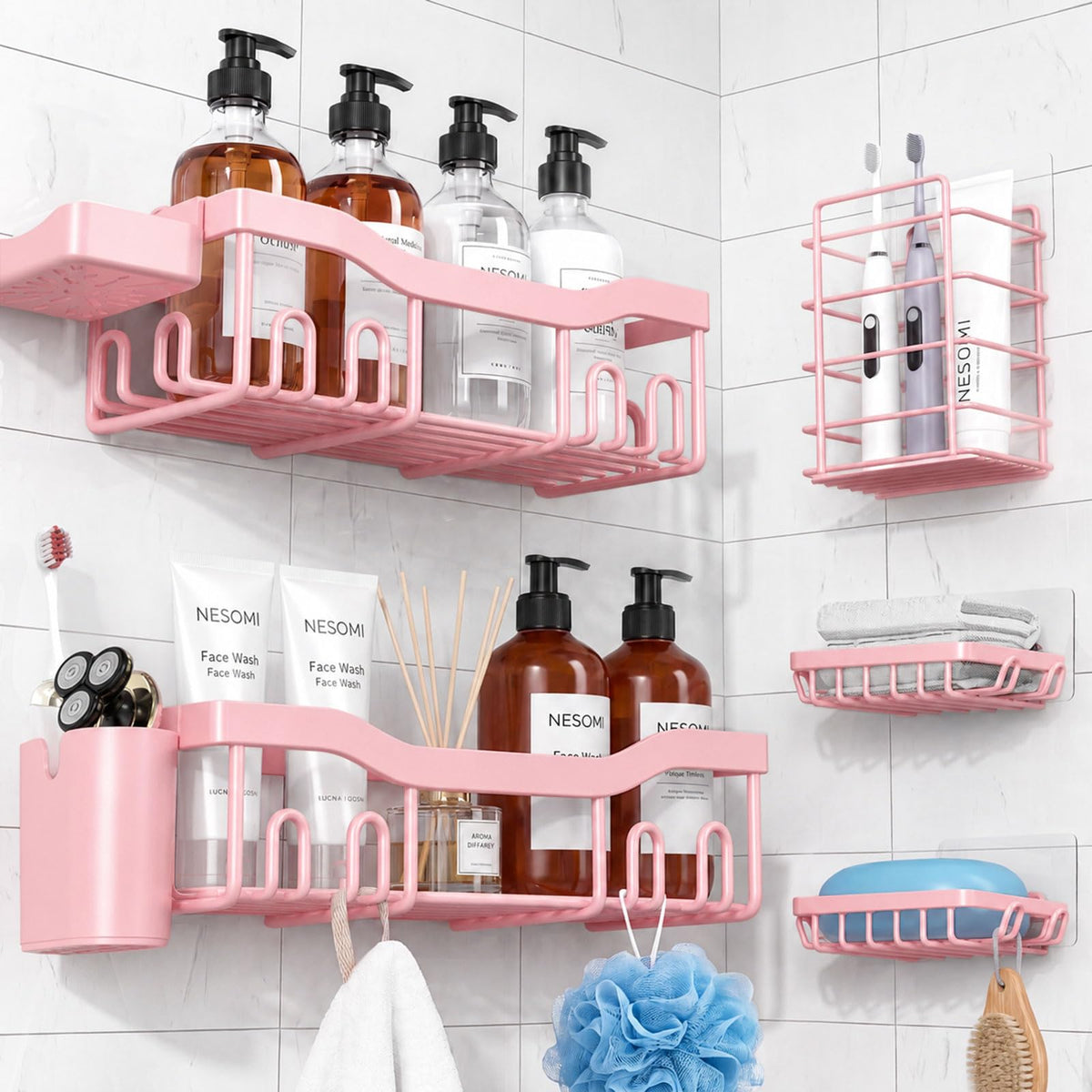NESOMI 7-Pack Shower Caddy Adhesive – Thoughtful Holiday Gift for Mom with Coordinated 8-Piece Bathroom Set