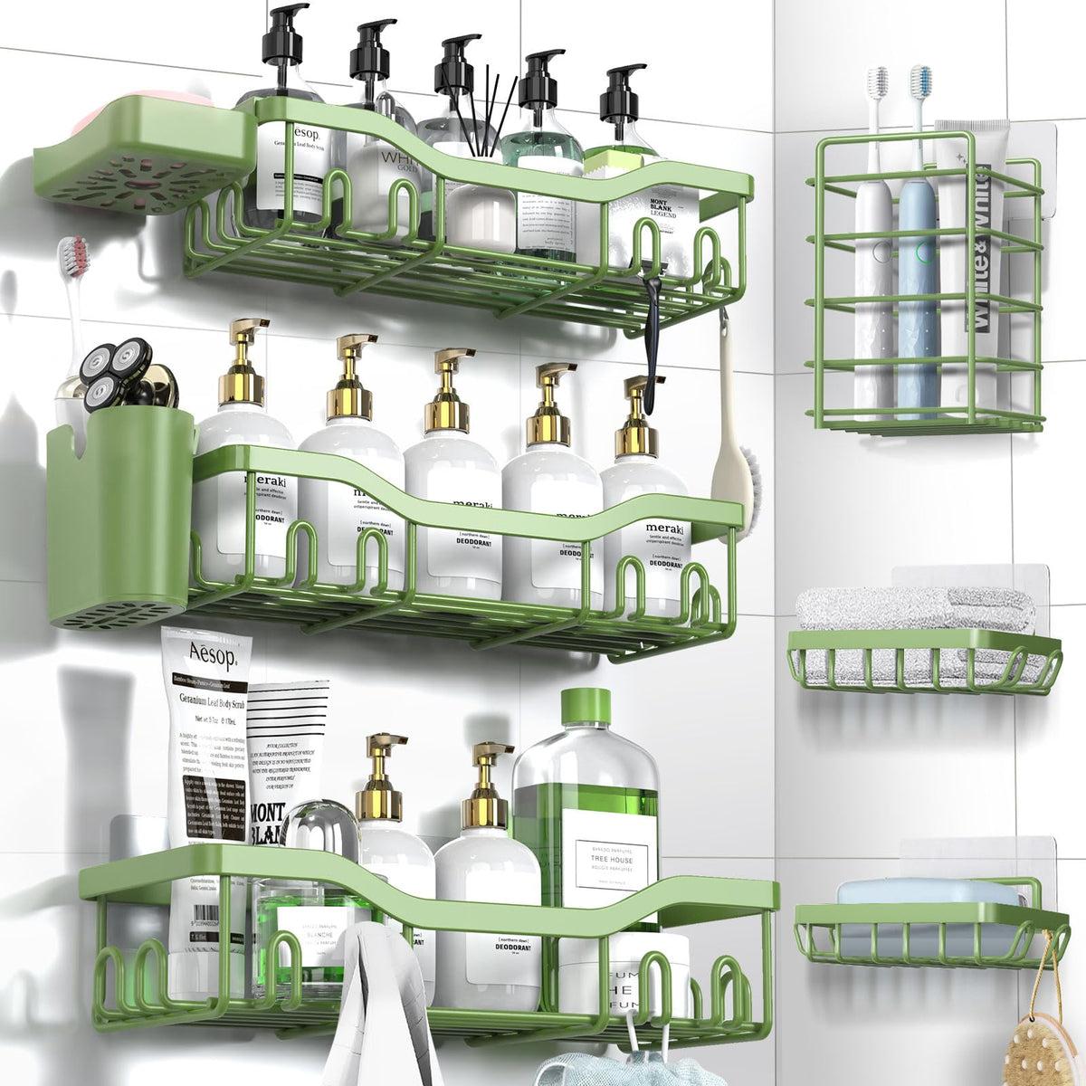 NESOMI 7-Pack Shower Caddy Adhesive – Thoughtful Holiday Gift for Mom with Coordinated 8-Piece Bathroom Set