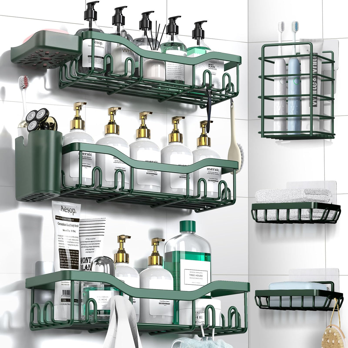 NESOMI 7-Pack Shower Caddy Adhesive – Thoughtful Holiday Gift for Mom with Coordinated 8-Piece Bathroom Set